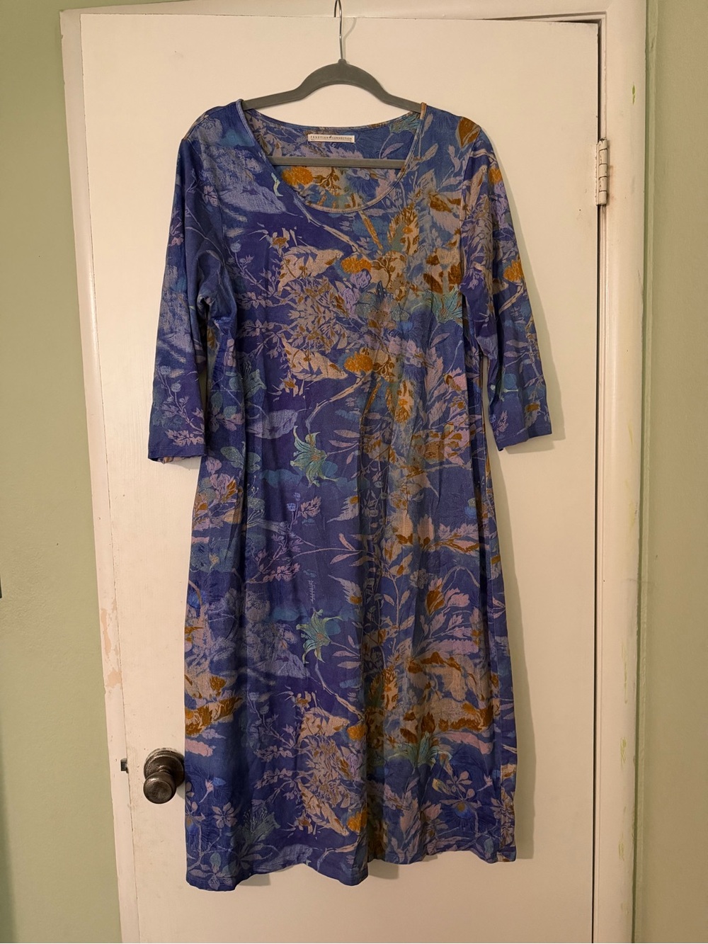 Peruvian Connection Blue Floral Midi Dress with 3/4 Sleeves